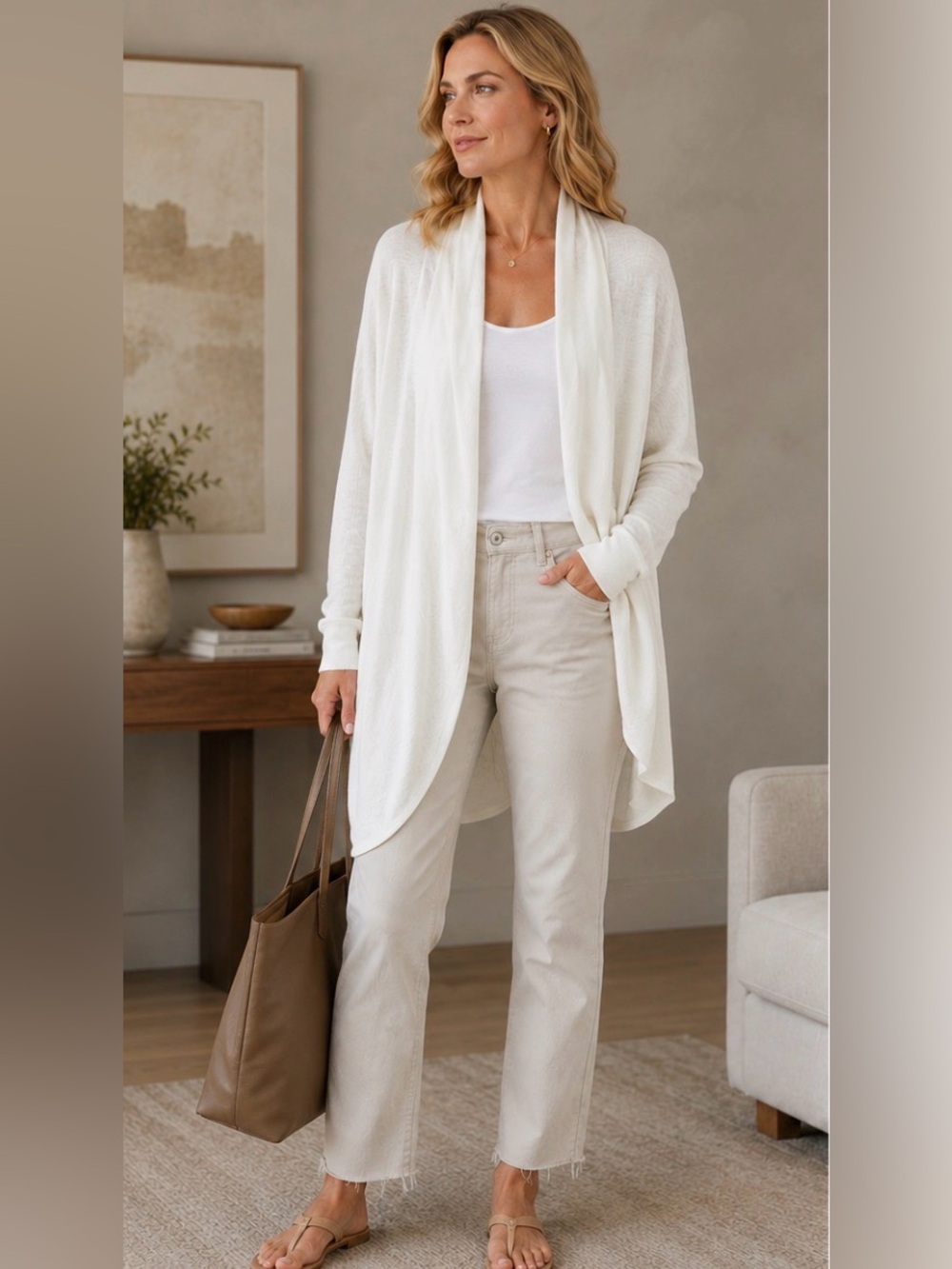 Theory Cocoon Long Curved Hem Cardigan Sweater Open Front Sz M/L Ivory Linen/Vis